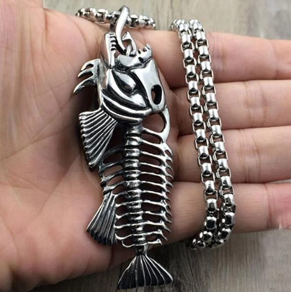 Fish Skeleton Bone Pendant Necklace Men Jewelry Vintage Stainless