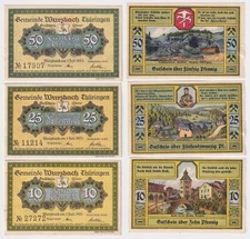 10, 25, 50 Pfennig Banknotes Emergency Money Municipality of Wurzbach 1921 (168751)