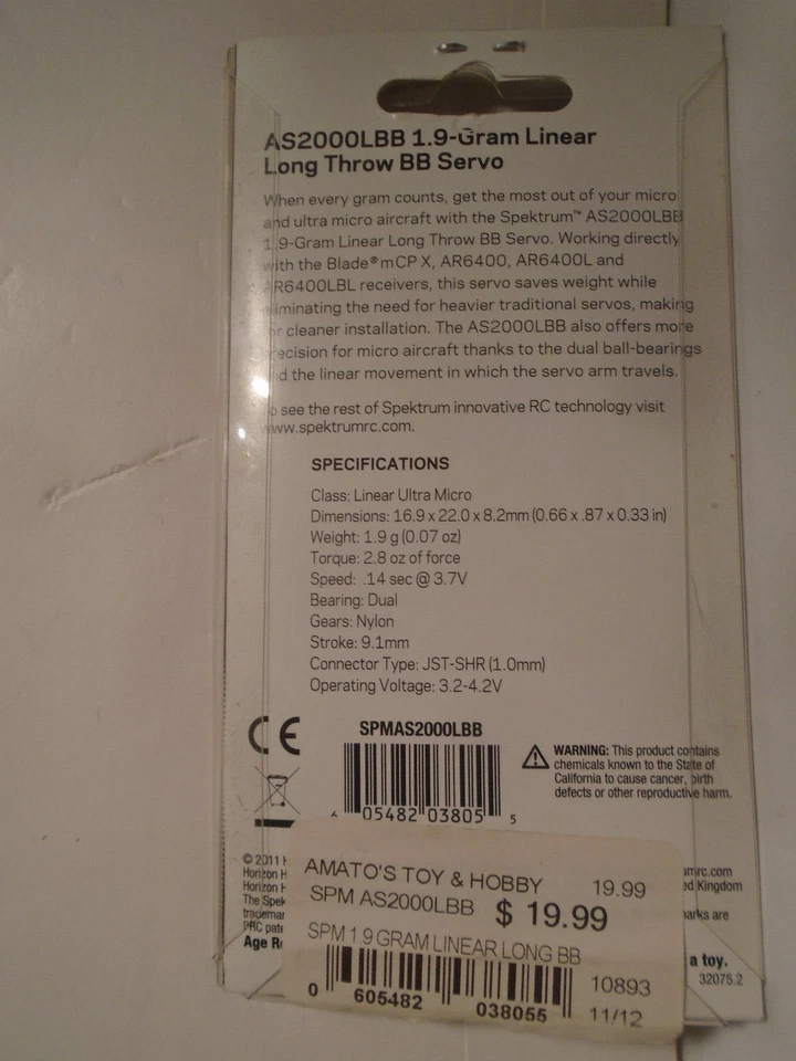 SPECTRUM #AS200LBB 1.9 GRAM LINEAR LONG THROW SERVO NEW IN FACTORY SEALED PKG - Image 2 of 2