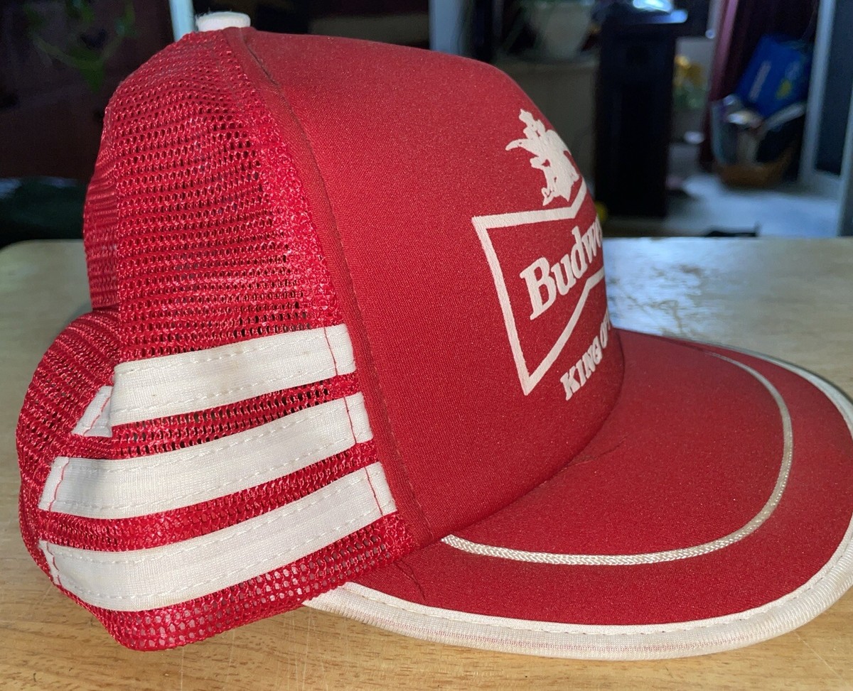 Vintage Budweiser Beer Red And White 3 Stripe Truckers Hat