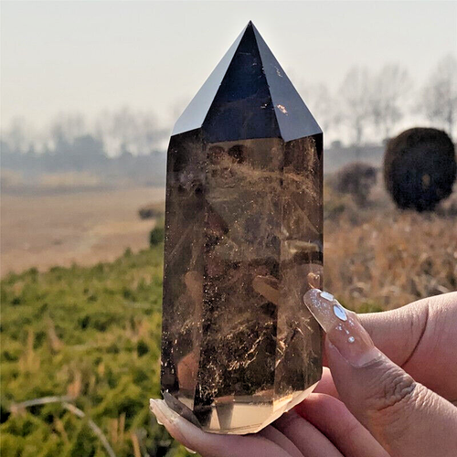 0.88LB Natural Smokey quratz Crystal Obelisk ReikiTower Crystal Wand Point - Picture 4 of 18