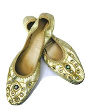 VTG 1960s Gold goddess diva leather rhinestones bendy travel slippers 6-6.5M