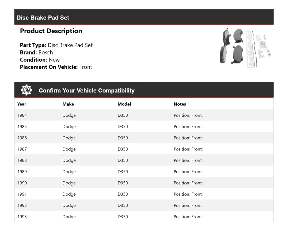 Pastillas de freno semimetálicas con herrajes delanteras 1985 para Dodge D350 Bosch 1984-1993 Foto 2 de 4