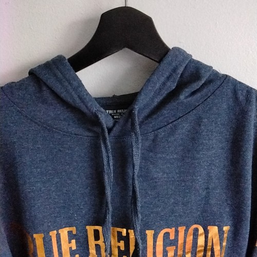 True Religion Brand Jeans Size Medium Blue and Gold Lettered Hooded Sweatshirt - Picture 5 of 7