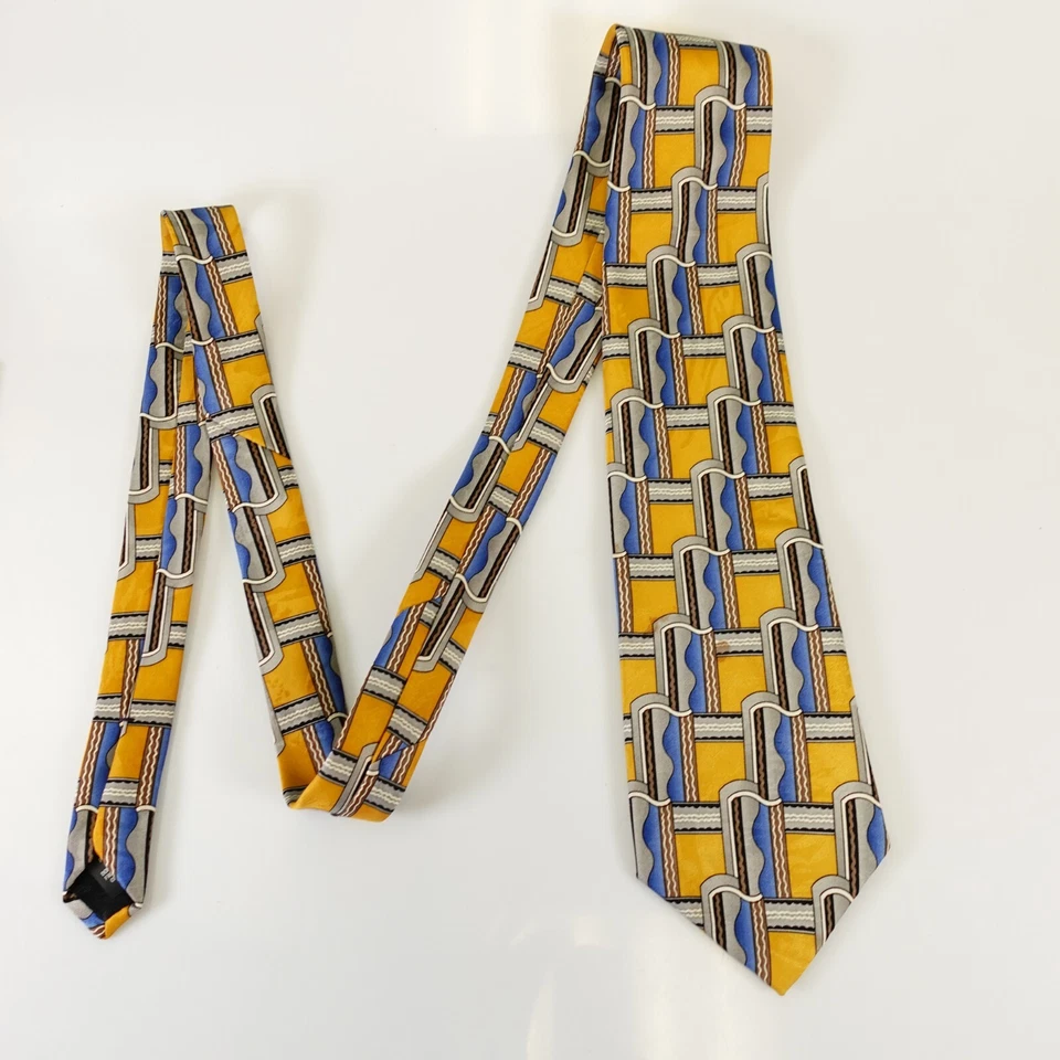 Corbata de cuello Ketch para hombre azul amarillo geométrico Art Deco audaz moderno traje vestido esmoquin Foto 4 de 4