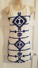 H&M LADIES EUR 36 UK SIZE 8 WHITE BLUE PRINT SLEEVELESS DRESS L4
