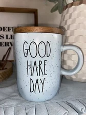 Rae Dunn Mug Easter Rabbit Bunny Good Hare Day Blue w/ Wood Lid Oversized NEW