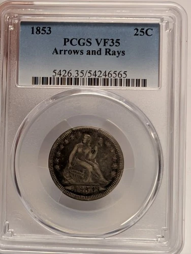 1853 Arrows & Rays Seated Liberty Silver Quarter 25C PCGS VF35