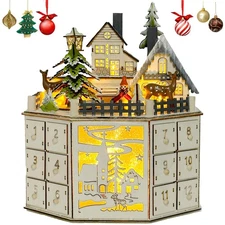 Christmas Advent Wooden Calendar House with 24 Drawers,Reusable Empty Light u...
