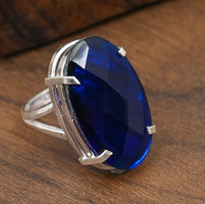 Blue Sapphire Lab-Created Gemstone Handmade 925 Sterling Silver Jewelry Ring