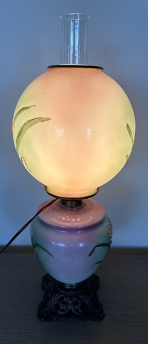 Oil Lamp GWTW Embossed Hand Painted IRIS Flowers Pink Green Beautiful 23” Tall - Picture 9 of 24