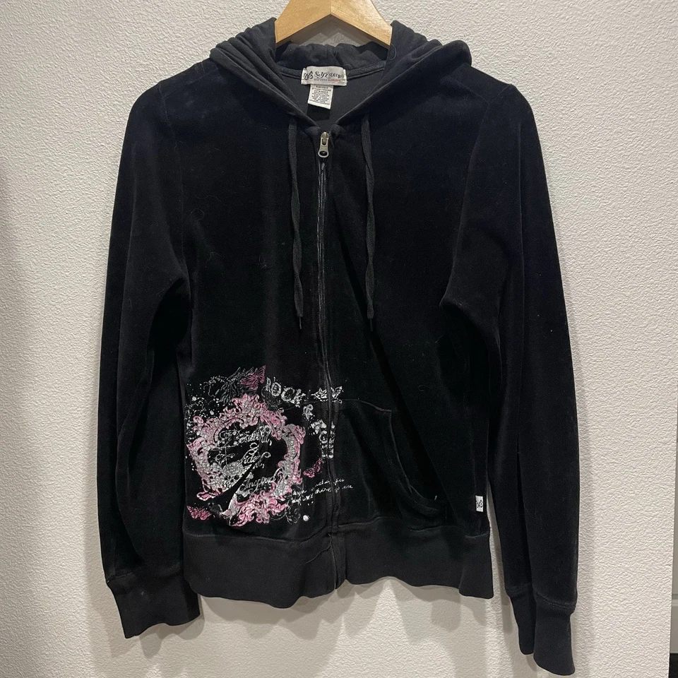 Jaqueta com capuz Y2K autoestima veludo completa princesa punk grunge rock & roll tamanho G - Imagem 2 de 4