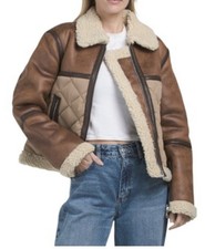 AMAPEL Tan/Beige brown Faux Leather Shearling Puffer Jacket XL NWT