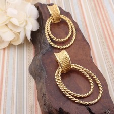 Vintage Gold Tone Oversized Twisted Rope Hoop Dangle Clip Earrings