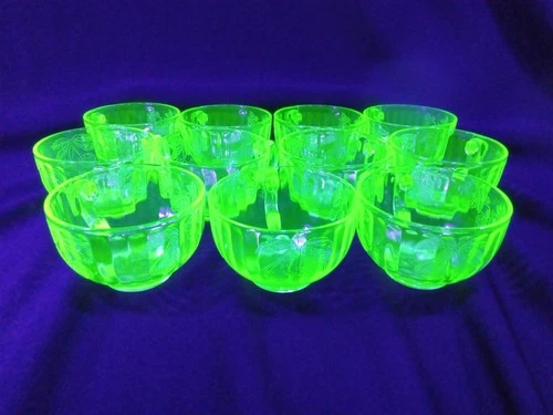 11 Depression Hazel Atlas Uranium Glass "Fruits" Cups Cherries, Grapes, & Pears