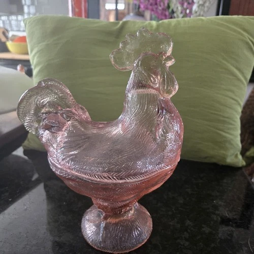 Vintage Pink Depression  Glass 8.5 " Rooster Candy Dish Excellent Condition