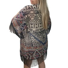 Angie kimono duster aztec western fringe multi S boho beach coverup festival