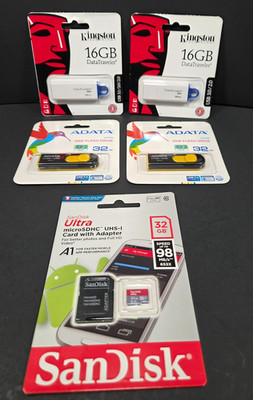 LOT of 4 USB Flash Drive 16/32GB & 1 SanDisk Ultra Micro SDHC Card with Adapter