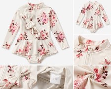 Girls Long Sleeve Floral Ruffle Zipper One-Piece Swimsuit