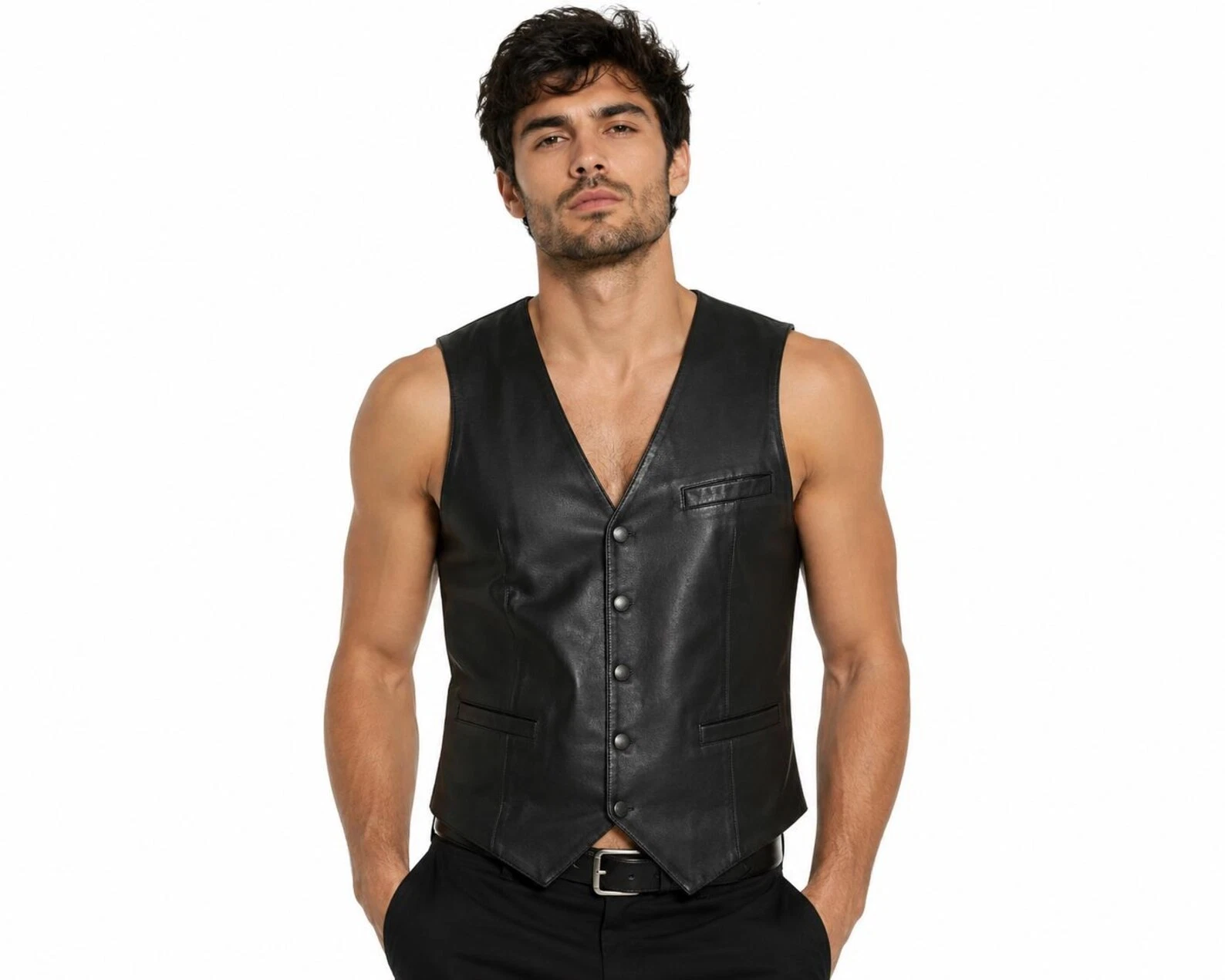 Men's Black Lambskin Leather Biker Vest – V-Neck Sleeveless Leather Vest
