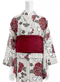 Japanese Summer kimono Yukata Striped floral pattern Yukata obi set Womens