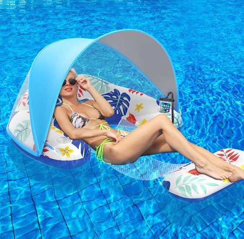 Pool Float with Canopy - Inflatable Pool Chair with Adjustable Sun Shade