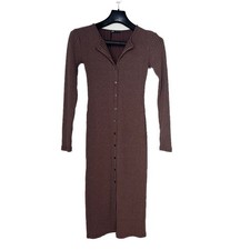 Zara Womens Midi Dress Brown Long Sleeve Ribbed Knit Button Front