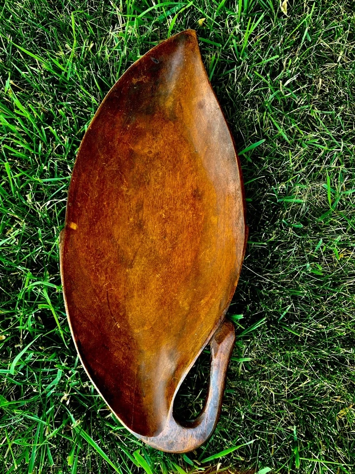 复古木质碗深餐盘叶形手工制作长 15 英寸 — 第 4/4 张图片