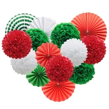 Red White Green Hanging Paper Party Decorations Round Paper Fans Set Paper Po...
