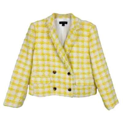 Ann Taylor Yellow Plaid Fringe Tweed Double Breasted Jacket