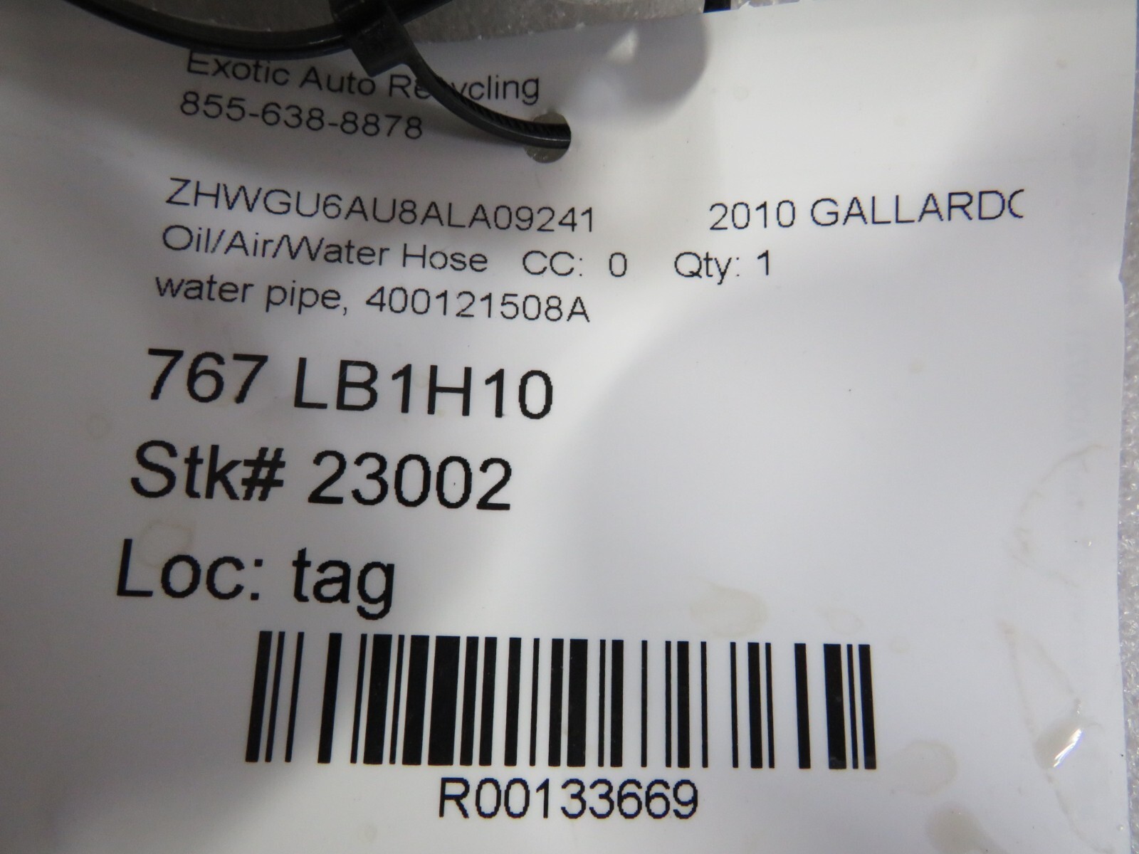 Lamborghini Gallardo, LP550, 560, Water Pipe, Used, P/N 400121508A