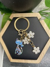 3" Gold-tone Cat Flower Enamel Charm Keychain New Free Ship B4070