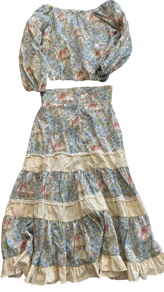 Falda Top Dulce Hada Estampado Algodón Encaje Hippie Bohemio Años 70 2 Piezas en Niveles Talla 5 Foto 3 de 4