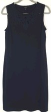 Talbots Navy Blue Knit Dress Crochet Eyelet Lace Neckline Cotton Size Small