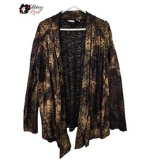Chico s Size 2 Open Front Kimono Wrap Jacket Black Metallic Gold Women