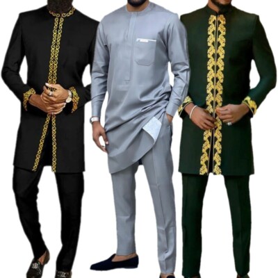 2 Pieces Outfits Dashiki African Man Clothes Wedding Tops+Pants Ethnic Style Set