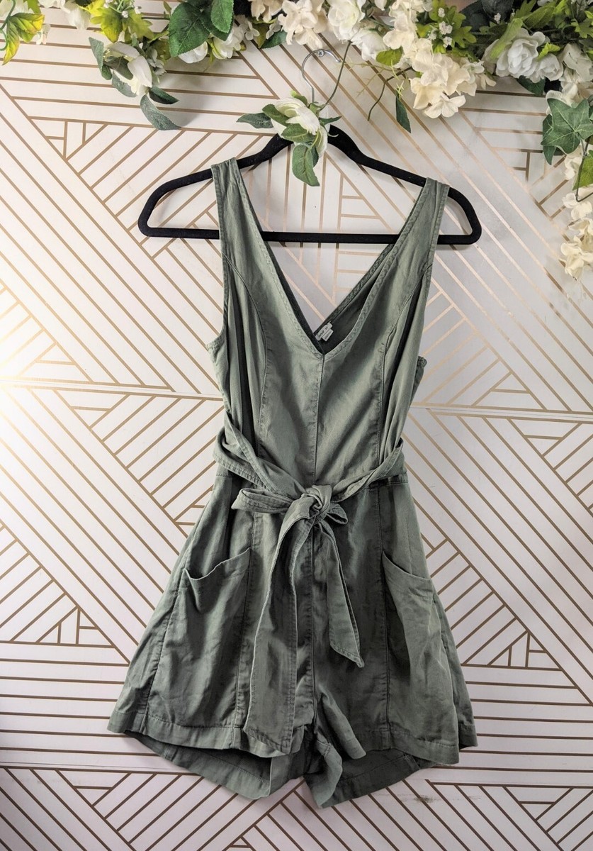 AERIE Women's Green Wrap Around Tie Back Romper Pockets