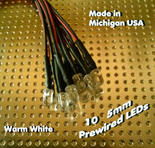 10 WARMWEISSE 5 mm vorverdrahtete LEDs 12 Volt 12 V VORVERDRAHTET RC USA  - Bild 1 von 2