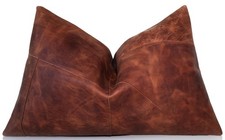 Luxury Cognac Genuine Leather Patchwork Throw Pillow 16x24  Handmade Rustic