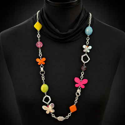 NOS Vintage Mod Statement Necklace Colorful Butterfly Silver Tone 36'' Est. 1960s