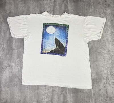 Vintage Wolf Howling Moon Art T Shirt White Single Stitch 90s Adult Large