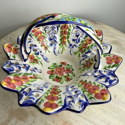 Vintage RCCL Floral Basket Hand Painted Twisted Handle Portugal Signed