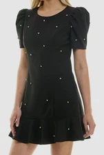 Crystal Doll Women's Black Puff-Sleeve Rhinestone-Trim Dress Juniors Size: L