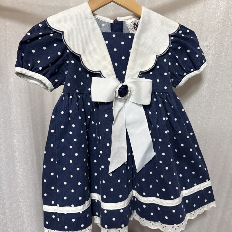 Vintage Girl's Size 3T Blue and White Polka Dot Sailor-Style Cotton Dress