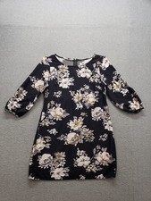 Old Navy Women Shift Dress S Black Floral Back Zipper 3/4 Sleeve Round Neck