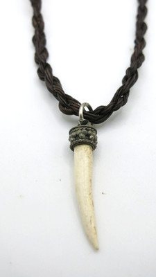Vintage Natural Horn Carved Tooth Fang Pendant brown Waxed cord Necklace 16''