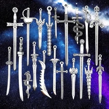 20 Pcs Ancient Silvery Mini  Sword Metal Bookmark Set - Keychains (2-4in)