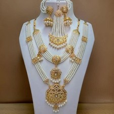 INDIAN BOLLYWOOD BRIDAL CHOKER NECKLACE GOLD PLT WEDDING LONG PEARL JEWELRY SET