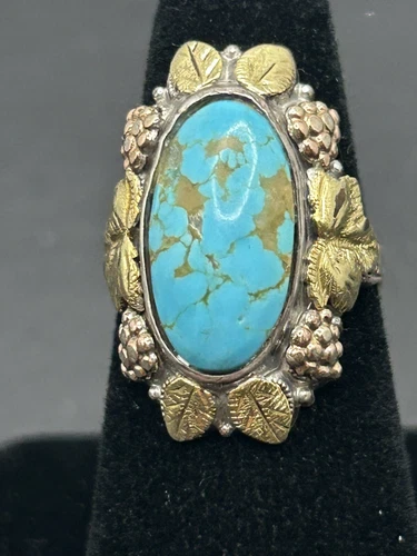 Vintage Black Hills Gold And Turquoise Ring Stamped OB Sterling  Ostby Barton￼