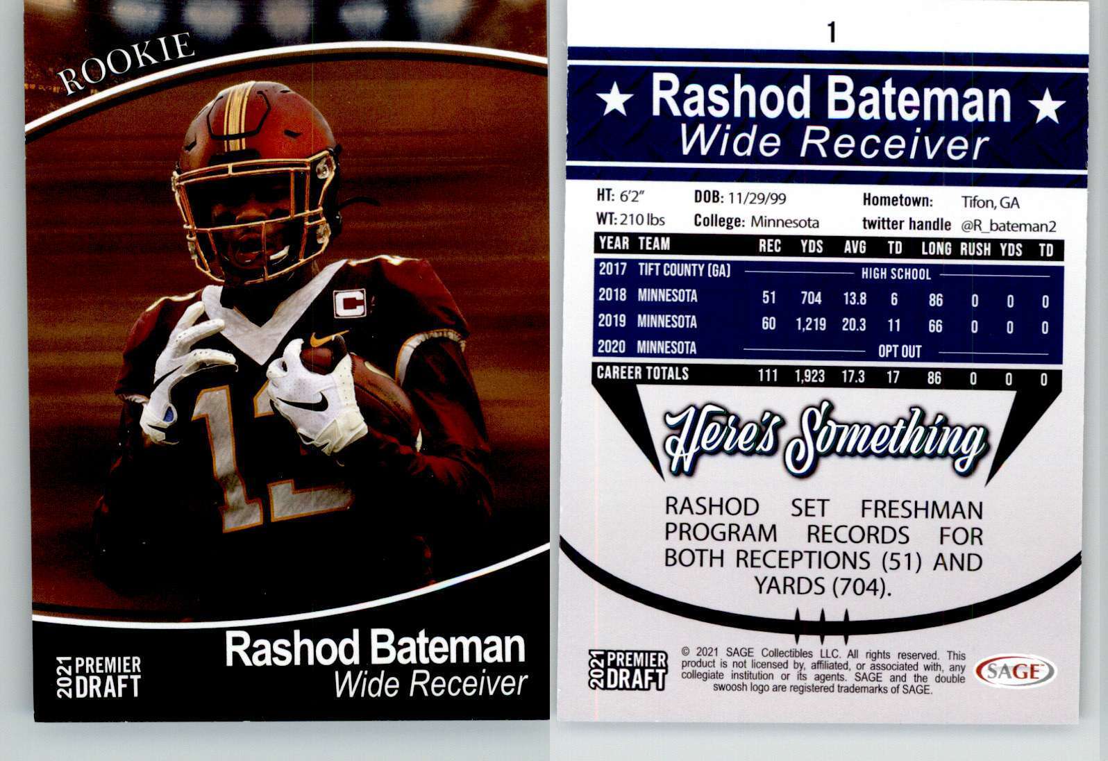 Rashod Bateman 2021 SAGE Premier Draft Black #1 Minnesota Ravens RC Rookie